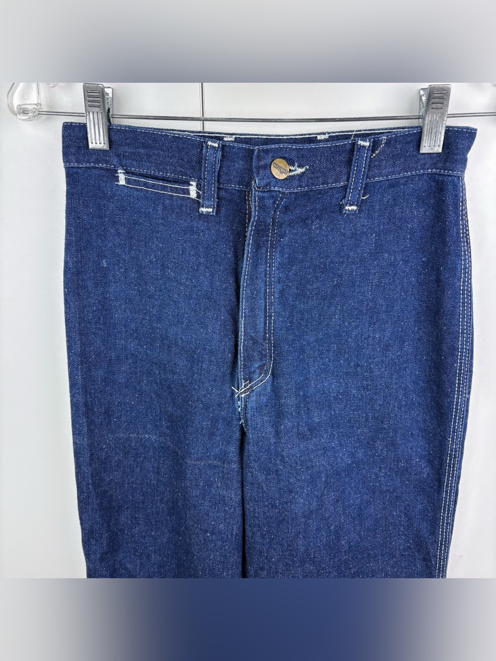Vintage 70s Wrangler Clover Embroidered Groovy High Rise Straight Leg Jeans Blue - Picture 3 of 9